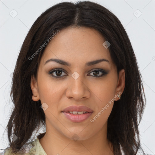 Joyful latino young-adult female with long  brown hair and brown eyes