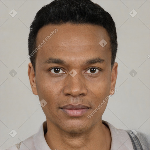 Neutral latino young-adult male with short  black hair and brown eyes