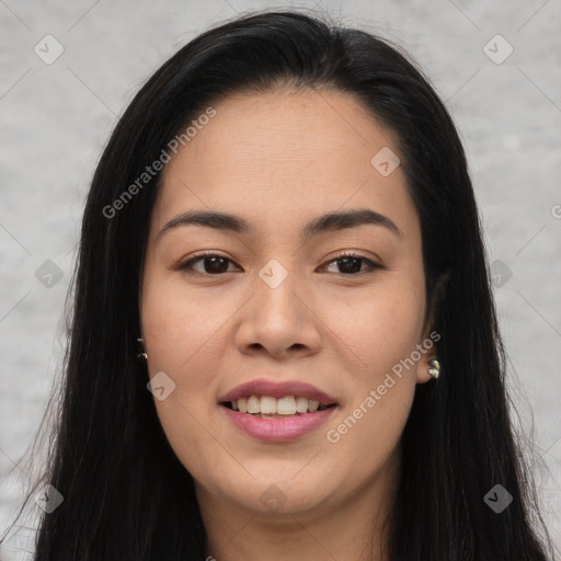 Joyful white young-adult female with long  brown hair and brown eyes