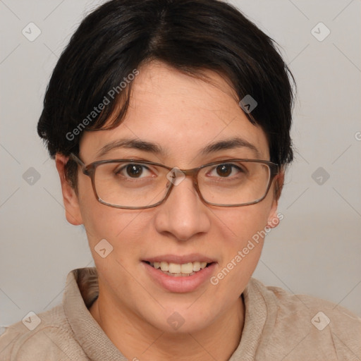 Joyful white adult female with short  brown hair and brown eyes