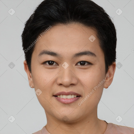 Joyful asian young-adult female with short  black hair and brown eyes