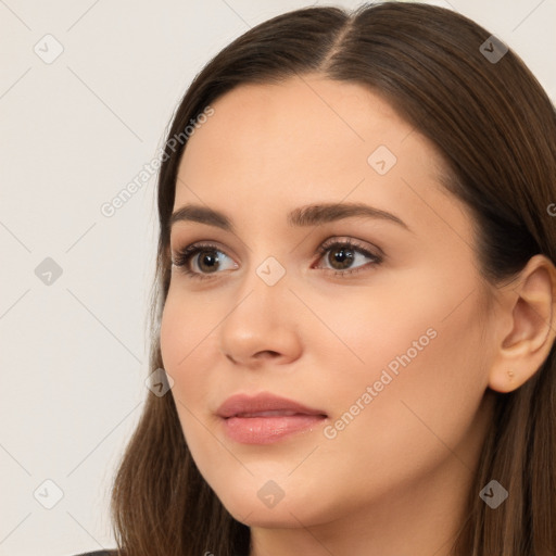 Neutral white young-adult female with long  brown hair and brown eyes