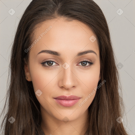 Neutral white young-adult female with long  brown hair and brown eyes