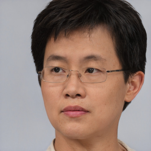 Neutral asian young-adult male with short  brown hair and brown eyes
