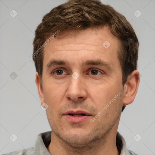 Neutral white adult male with short  brown hair and brown eyes