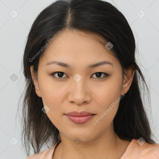 Joyful asian young-adult female with long  brown hair and brown eyes