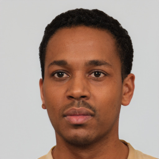 Neutral black young-adult male with short  black hair and brown eyes