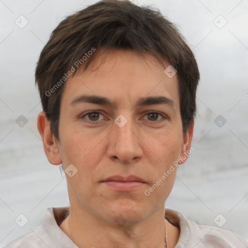 Neutral white adult male with short  brown hair and brown eyes