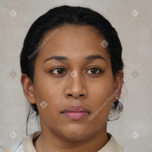 Neutral black young-adult female with short  brown hair and brown eyes