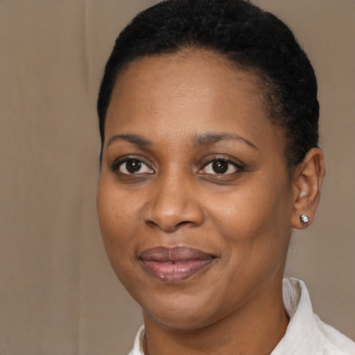 Joyful black young-adult female with short  brown hair and brown eyes
