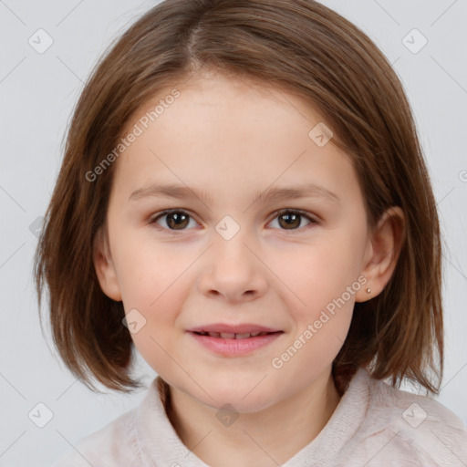 Joyful white child female with medium  brown hair and brown eyes