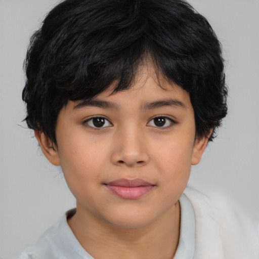 Joyful asian child female with medium  black hair and brown eyes