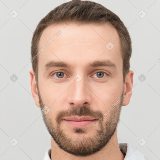 Neutral white young-adult male with short  brown hair and grey eyes