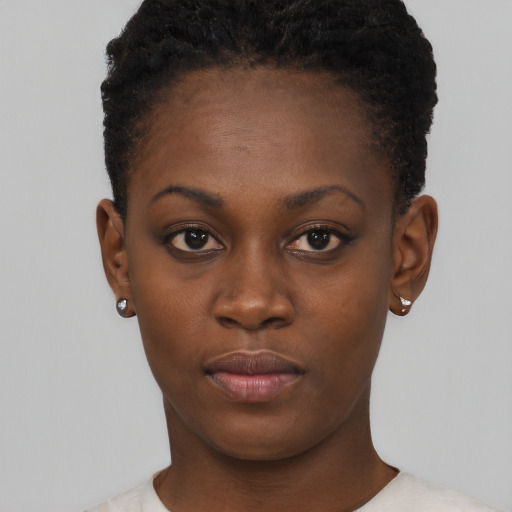 Neutral black young-adult female with short  brown hair and brown eyes