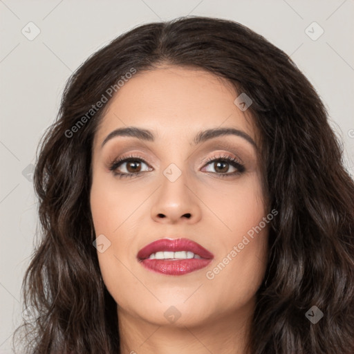 Joyful white young-adult female with long  brown hair and brown eyes