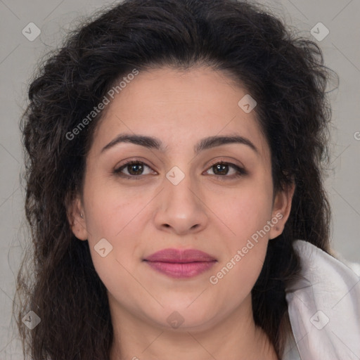 Joyful latino young-adult female with long  brown hair and brown eyes