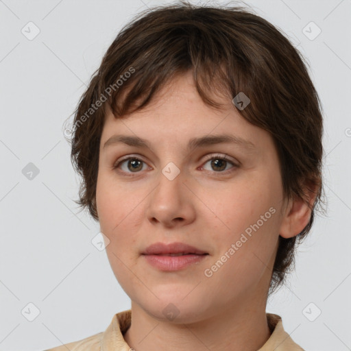 Neutral white young-adult female with medium  brown hair and brown eyes