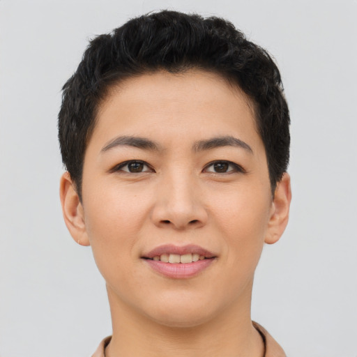 Joyful asian young-adult female with short  brown hair and brown eyes