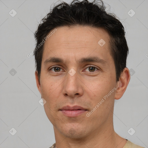 Neutral white adult male with short  brown hair and brown eyes