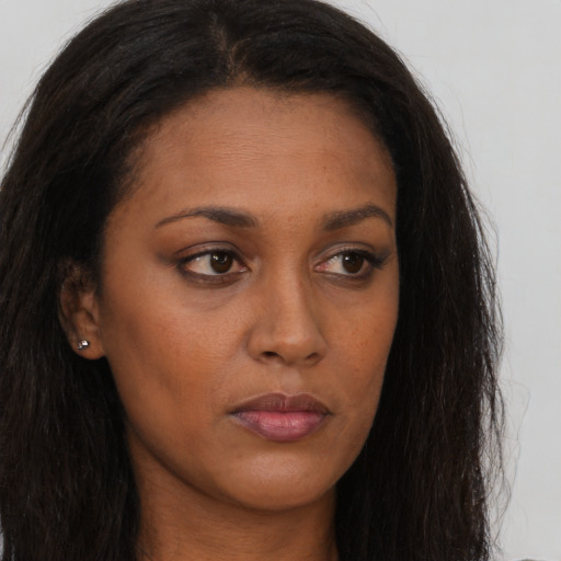 Neutral asian young-adult female with long  brown hair and brown eyes