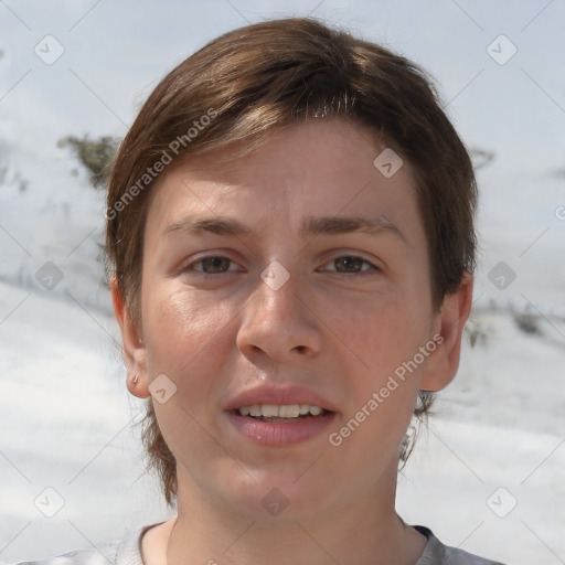 Joyful white young-adult female with medium  brown hair and brown eyes