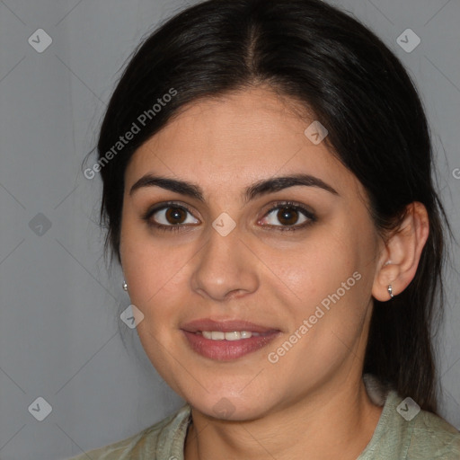 Joyful white young-adult female with medium  brown hair and brown eyes