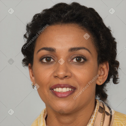 Joyful latino young-adult female with short  brown hair and brown eyes