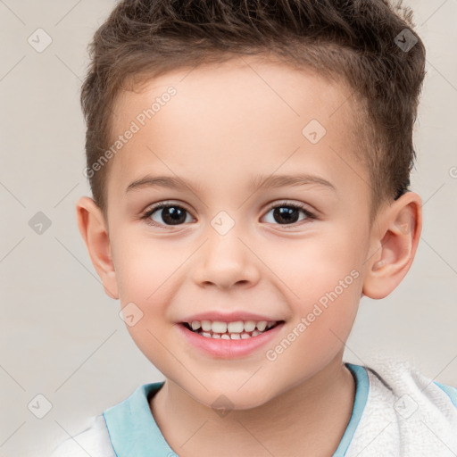 Joyful white child male with short  brown hair and brown eyes