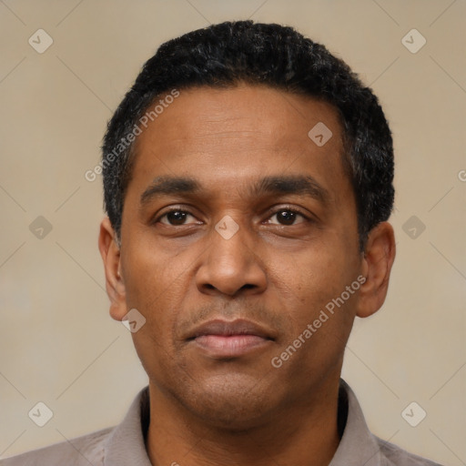 Neutral latino adult male with short  black hair and brown eyes