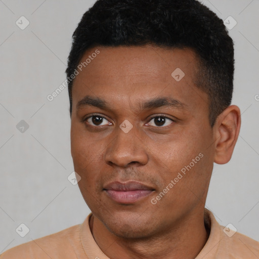 Neutral latino young-adult male with short  black hair and brown eyes