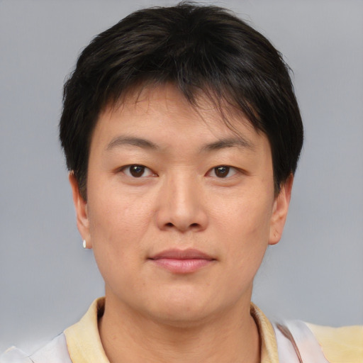 Neutral asian young-adult female with short  brown hair and brown eyes