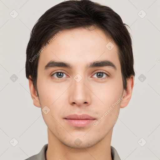 Neutral white young-adult male with short  brown hair and brown eyes