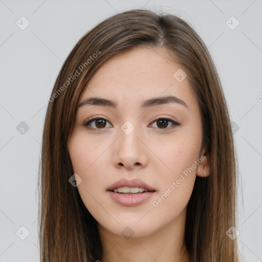 Neutral white young-adult female with long  brown hair and brown eyes