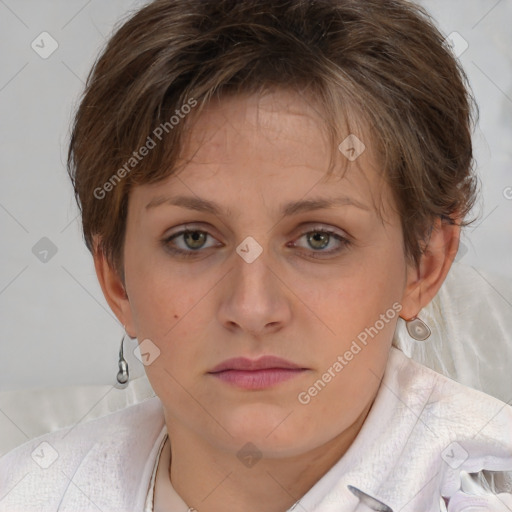 Neutral white young-adult female with short  brown hair and brown eyes