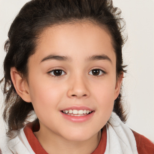 Joyful white child female with medium  brown hair and brown eyes