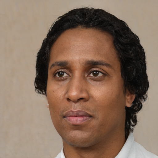 Neutral black adult male with short  black hair and brown eyes