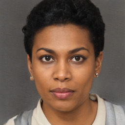 Neutral black young-adult female with short  black hair and brown eyes