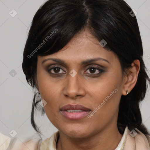 Joyful white young-adult female with medium  brown hair and brown eyes