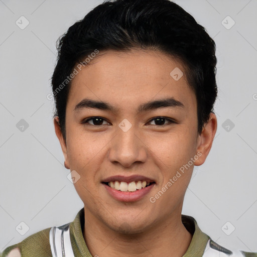 Joyful latino young-adult male with short  black hair and brown eyes
