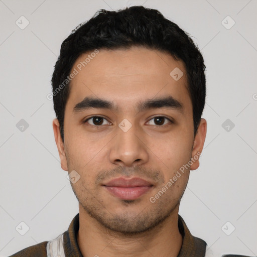 Neutral latino young-adult male with short  black hair and brown eyes