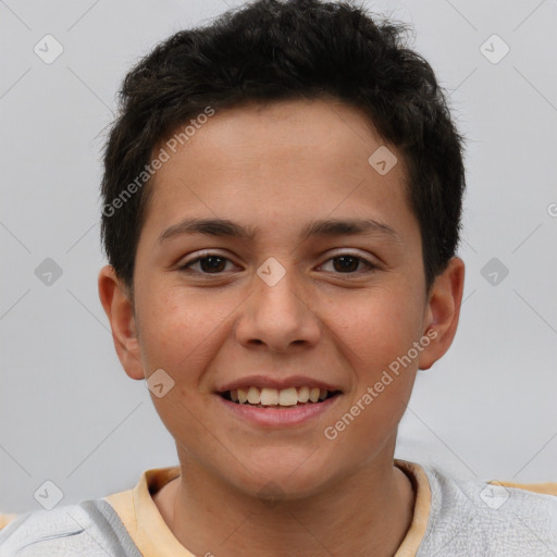 Joyful white child male with short  brown hair and brown eyes