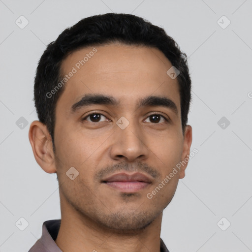 Neutral latino young-adult male with short  black hair and brown eyes