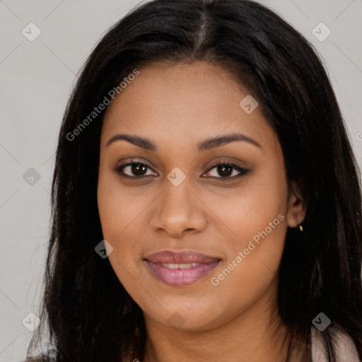 Joyful asian young-adult female with long  brown hair and brown eyes