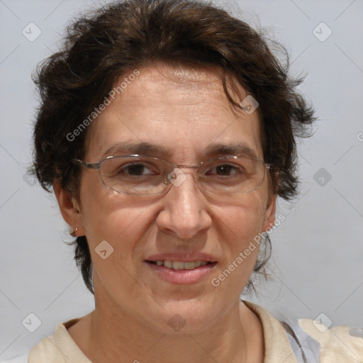 Joyful white middle-aged female with short  brown hair and brown eyes