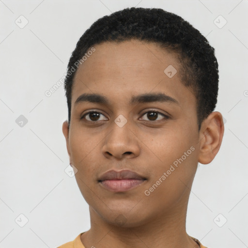 Neutral latino young-adult male with short  black hair and brown eyes