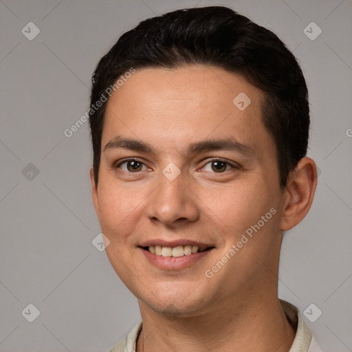 Joyful white young-adult male with short  brown hair and brown eyes