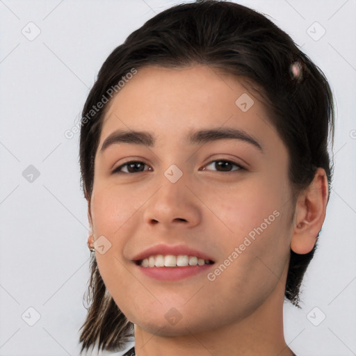 Joyful white young-adult female with medium  brown hair and brown eyes