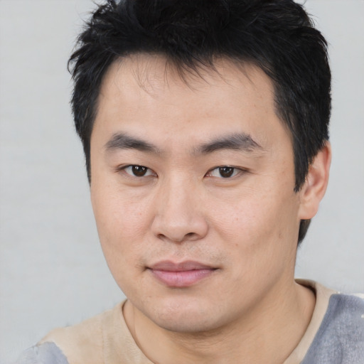 Neutral asian young-adult male with short  black hair and brown eyes