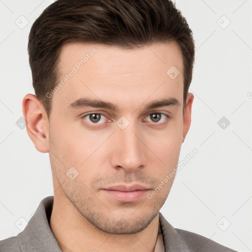 Neutral white young-adult male with short  brown hair and brown eyes