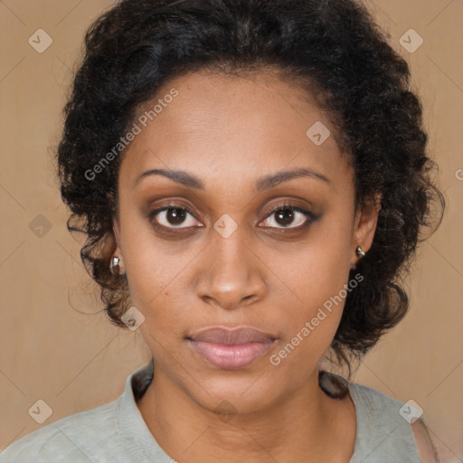 Neutral black young-adult female with medium  brown hair and brown eyes